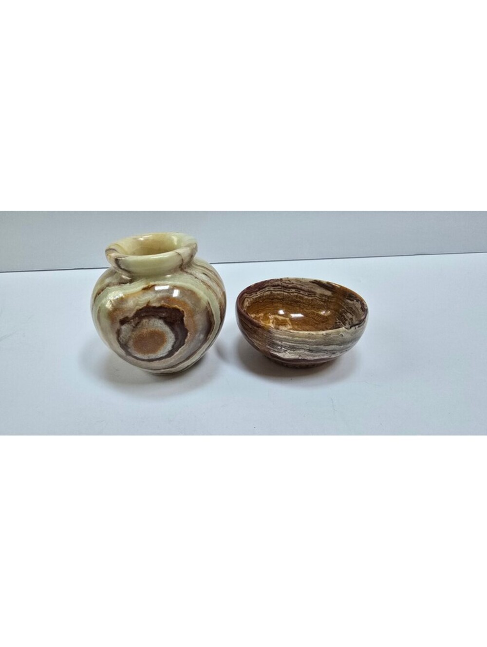 Vintage Pakistan Banded Onyx Stone Mini Vase & Bowl Set Brown Cream